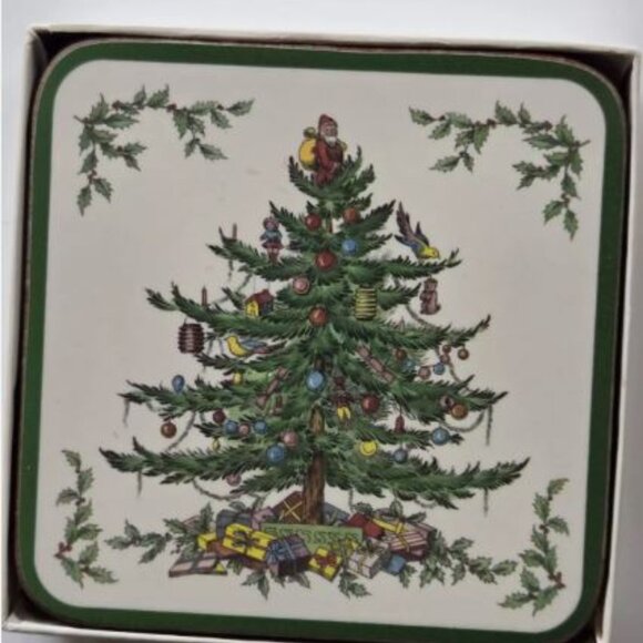 Spode Christmas Tree Coasters Drink Cork Back Pimpernel England Set 6 Boxed - Picture 2 of 5